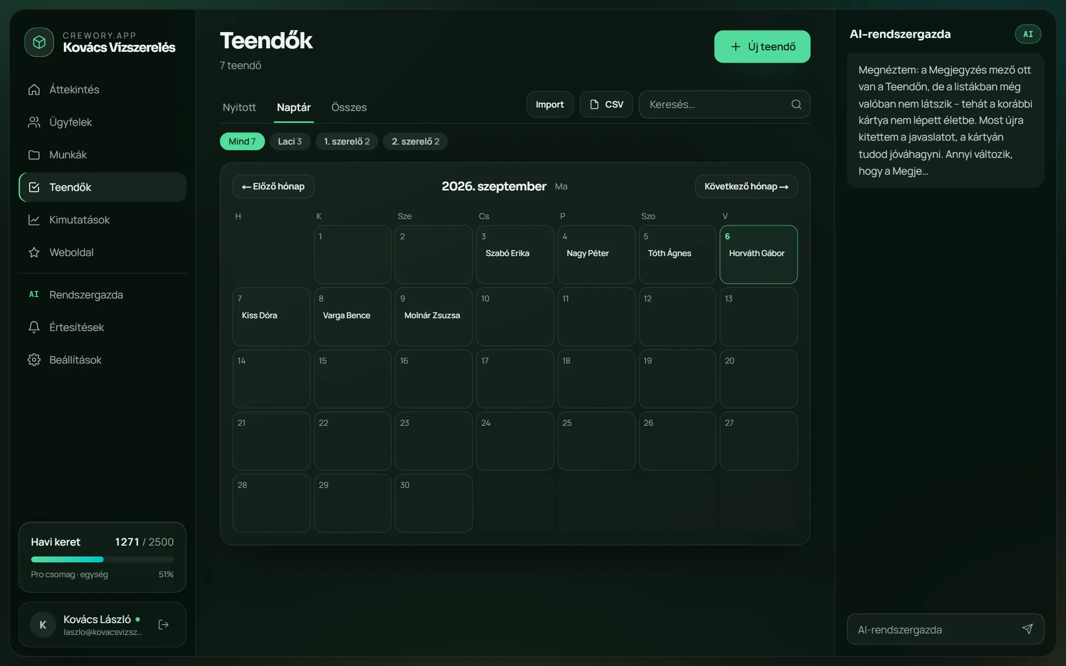 Tasks in a calendar: due date, owner, today and tomorrow highlighted.